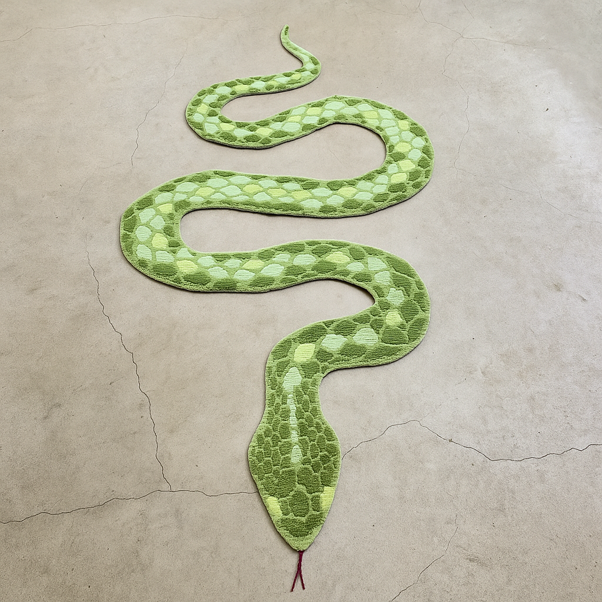 Green snake-shaped rug on a beige floor